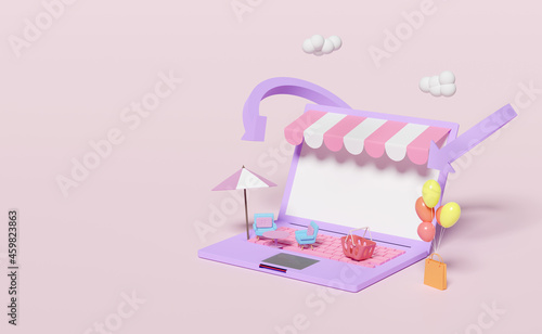 laptop computer with store front,shopping cart,paper bags,arrow,cloud,coffee table,umbrella,chair isolated on pink pastel background,online shopping concept,3d illustration or 3d render