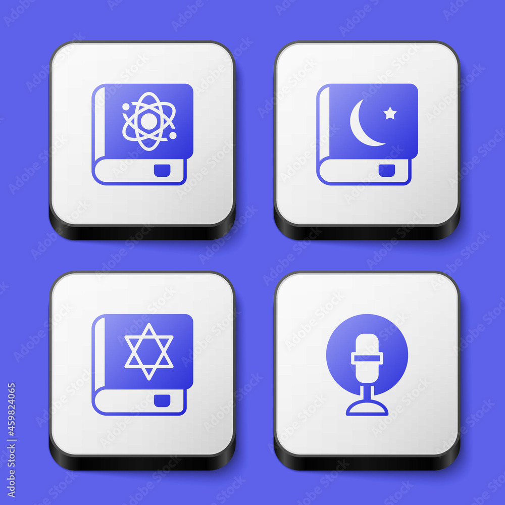 Set Book about physics, Holy book of Koran, Jewish torah and Microphone icon. White square button. Vector Set Book about physics, Holy book of Koran, Jewish torah and Microphone icon. White square button. Vector