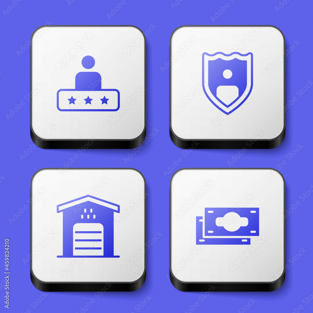 Set Taxi service rating, Life insurance with shield, Garage for taxi car and Stacks paper money cash icon. White square button. Vector Set Taxi service rating, Life insurance with shield, Garage for taxi car and Stacks paper money cash icon. White square button. Vector