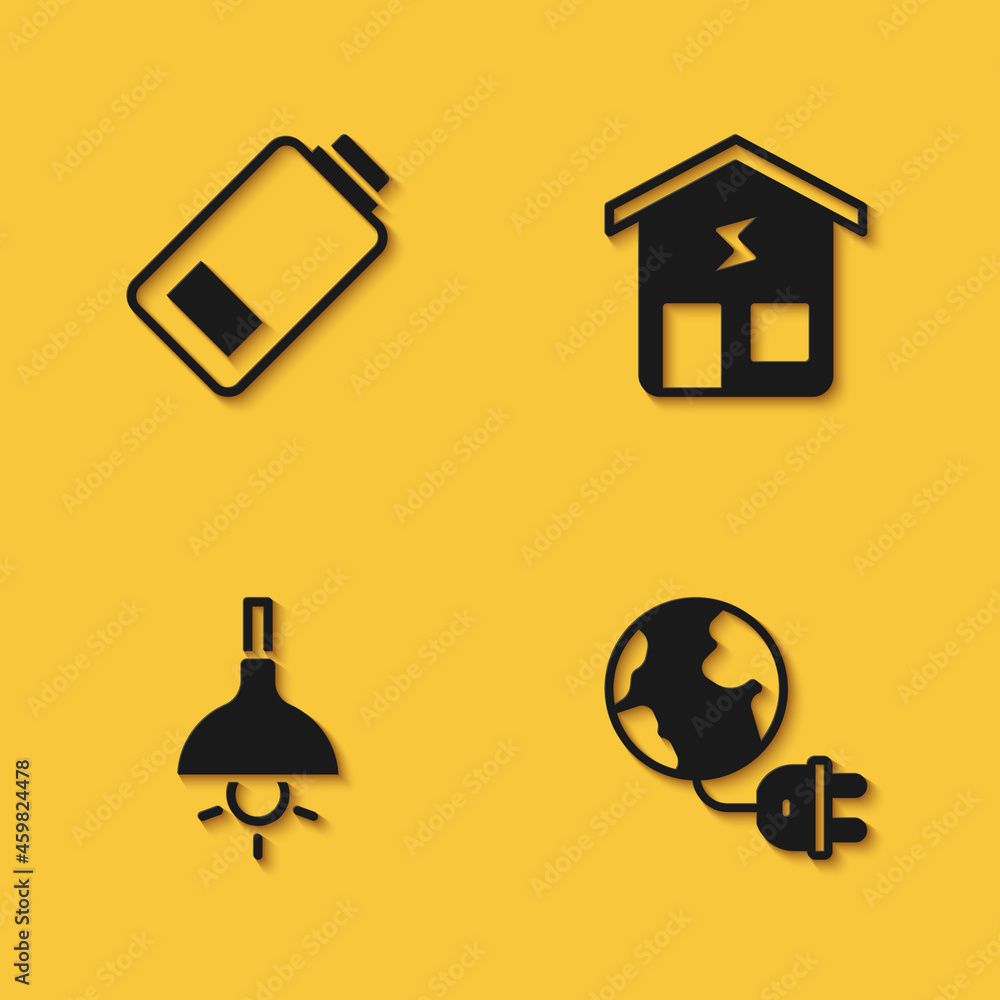 Set Battery charge, Global energy planet with plug, Lamp hanging and Smart home icon with long shadow. Vector Set Battery charge, Global energy planet with plug, Lamp hanging and Smart home icon with long shadow. Vector