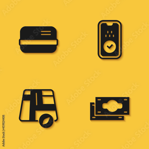 Set Credit card, Stacks paper money cash, Location taxi and Taxi mobile app icon with long shadow. Vector