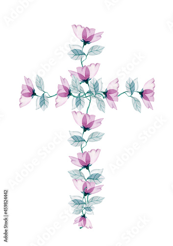 Cross of flowers and leaves isolated on a white background