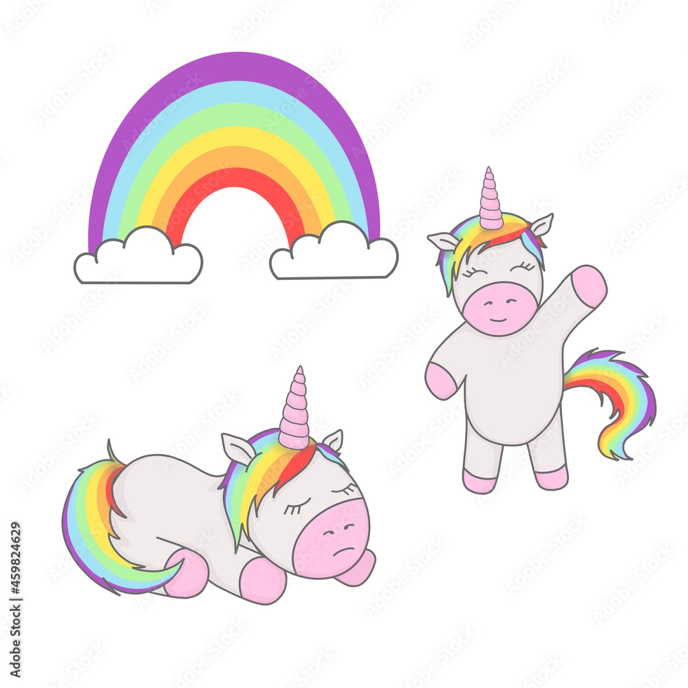 Set Illustrations Unicorn isolated in white. Digital fantasy horse,pony. Baby animal for kids. Cartoon cute unicorn Set Illustrations Unicorn isolated in white. Digital fantasy horse,pony. Baby animal for kids. Cartoon cute unicorn