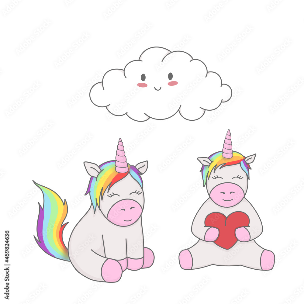 Set Illustrations Unicorn isolated in white. Digital fantasy horse,pony. Baby animal for kids. Cartoon cute unicorn Set Illustrations Unicorn isolated in white. Digital fantasy horse,pony. Baby animal for kids. Cartoon cute unicorn