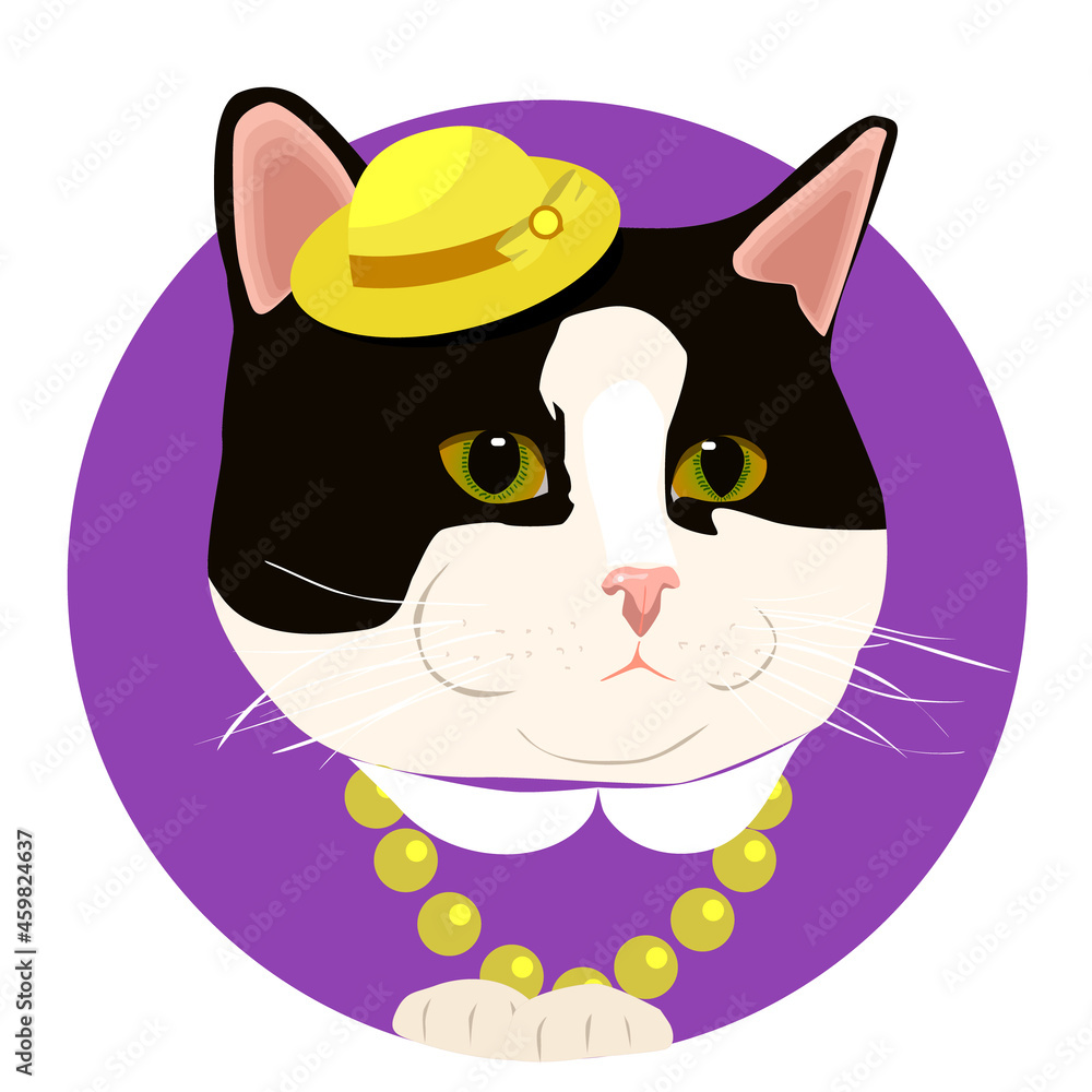Cat portrait with yellow hat, vector illustration