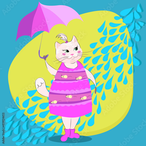 Cute cartoon cat with umbrella, vector illustration