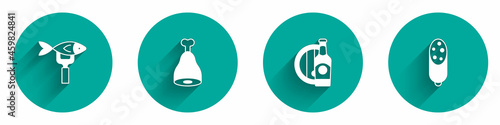 Set Dried fish, Chicken leg, Beer bottle and wooden barrel and Salami sausage icon with long shadow. Vector