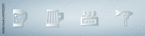 Set Glass of beer, Wooden mug, Pack bottles and Dried fish. Paper art style. Vector