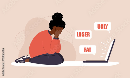 Cyber bullying. Sad african woman with laptop receiving pop up messages. Online abuse concept. Teenager sitting on the floor and crying. Vector illustration in flat cartoon style.