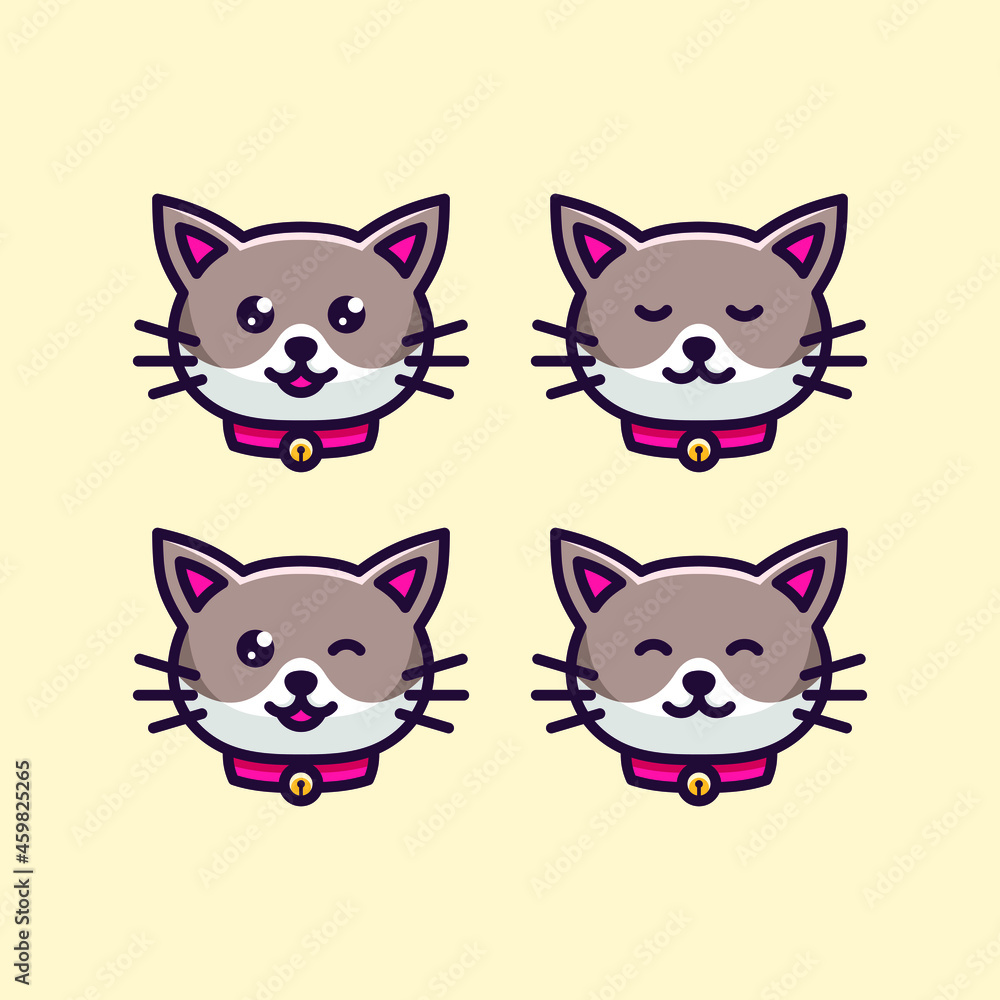 Set Cute Cat Head Icon Cartoon Illustration With Various Face Expressions And Wearing A Necklace Set Cute Cat Head Icon Cartoon Illustration With Various Face Expressions And Wearing A Necklace
