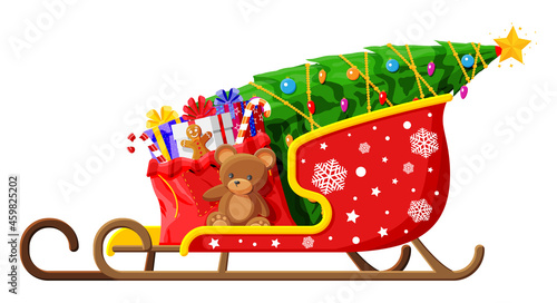 Santa Claus sleigh with gifts boxes, toys and tree