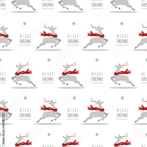 Christmas pattern with reindeers. Cute deers with antlers and scarves. Winter print. New Year seamless background. Vector illustration in flat cartoon style.
