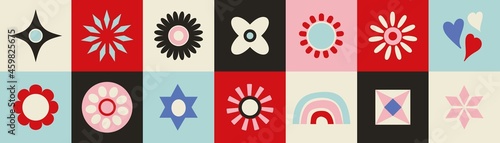 Retro abstract vector pattern border background. Fun vector banner element with flowers, rainbows, and decorative details. 