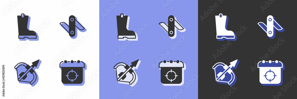 Set Target sport, Waterproof rubber boot, Medieval bow and arrow and Swiss army knife icon. Vector Set Target sport, Waterproof rubber boot, Medieval bow and arrow and Swiss army knife icon. Vector