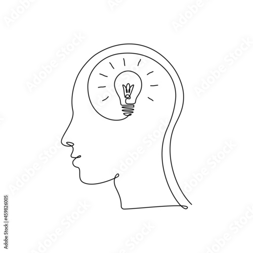 Continuous one line drawing light bulb inside head. Concept of creative idea, education and imagination in linear style. Doodle Vector illustration