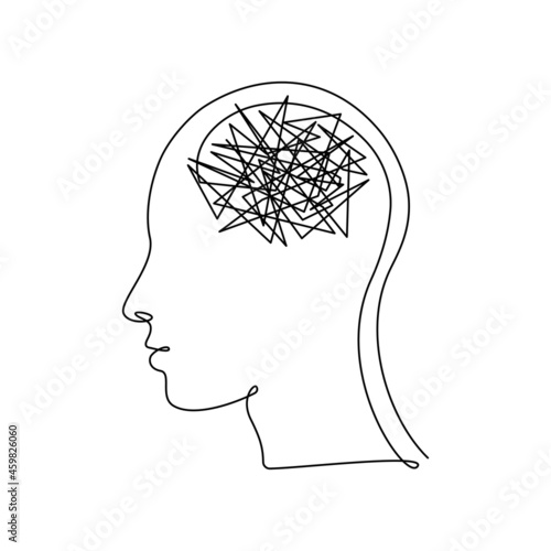 Human head with confusion of thoughts in Continuous one line drawing. Concept of bad mental health, anxiety and stress. Headache and chaos in consciousness in linear style. Vector illustration