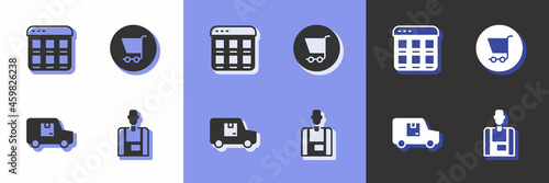 Set Seller, Online shopping on screen, Delivery cargo truck and Shopping cart icon. Vector