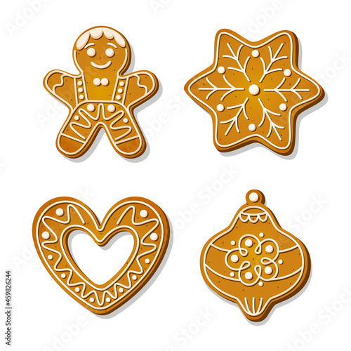 Christmas gingerbread cookies. Festive biscuits in shape of snowflake and gingerbread man, heart and christmas tree decoration. Cartoon Vector illustration
