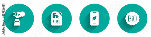 Set CO2 emissions in cloud, Bio fuel canister, Mobile phone with leaf and Banner for bio icon with long shadow. Vector