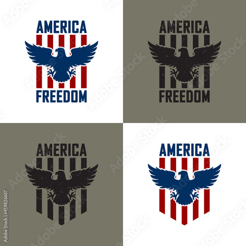 Set of color illustrations of eagle, text and flag on the background. Design element for poster, banner, emblem, sticker and label. Vector illustration. Symbols of the USA.