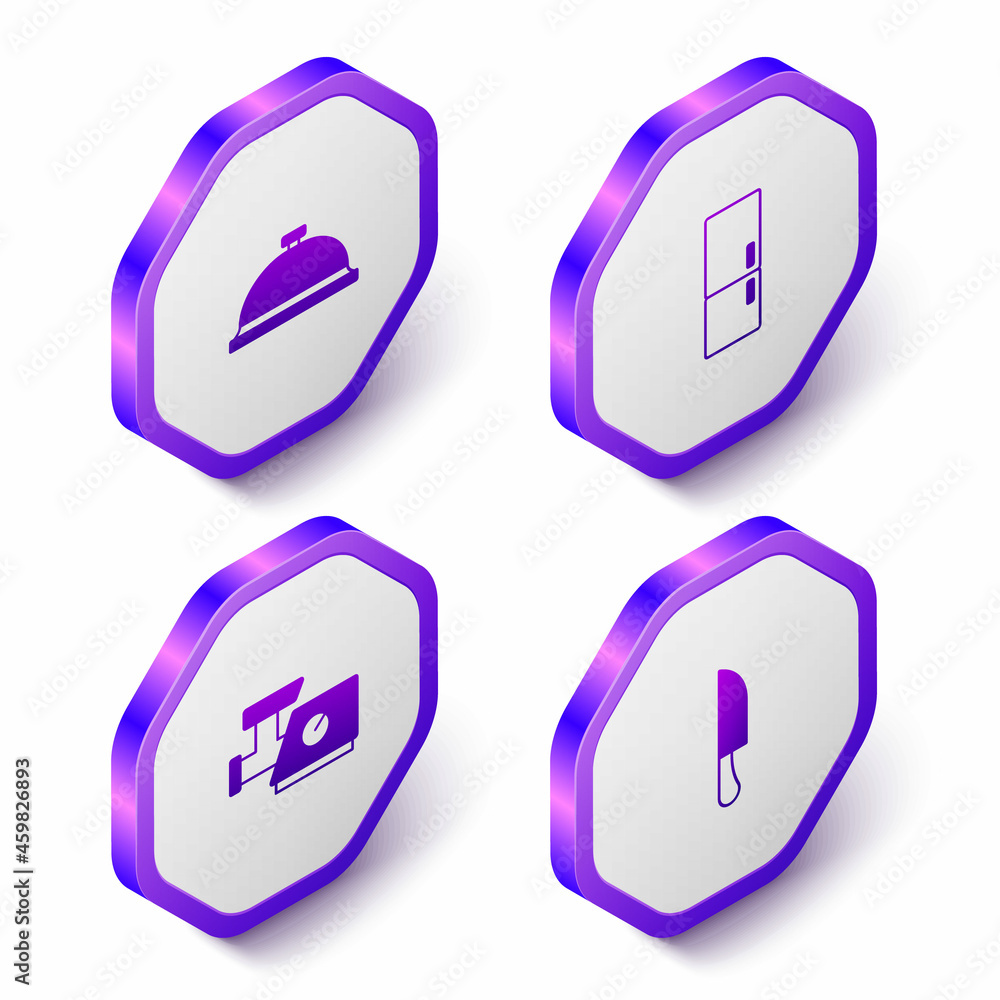 Set Isometric Covered with tray of food, Refrigerator, Kitchen meat grinder and Knife icon. Purple hexagon button. Vector Set Isometric Covered with tray of food, Refrigerator, Kitchen meat grinder and Knife icon. Purple hexagon button. Vector