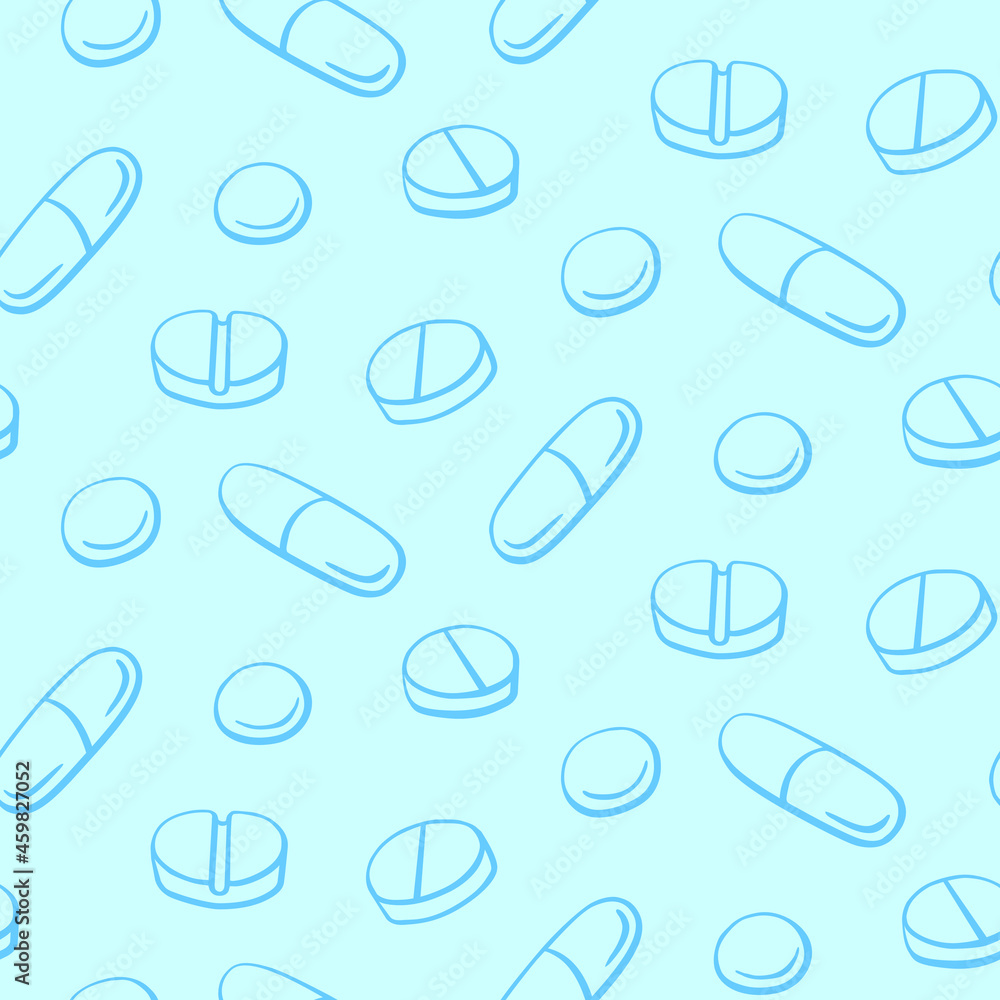 Seamless pattern with medicines, capsules, medicaments, drugs, pills and tablets. Medical pharmacy backgrounds and textures. Vector EPS10 illustration in doodle style Seamless pattern with medicines, capsules, medicaments, drugs, pills and tablets. Medical pharmacy backgrounds and textures. Vector EPS10 illustration in doodle style