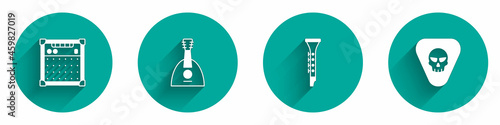 Set Guitar amplifier, Balalaika, Clarinet and pick icon with long shadow. Vector