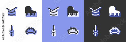Set Tambourine, Drum with drum sticks, Violin and Grand piano icon. Vector