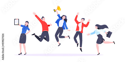 Happy business team employee team winners award ceremony flat style design vector illustration. Employee recognition and best worker competition award team celebrating victory winner business concept.