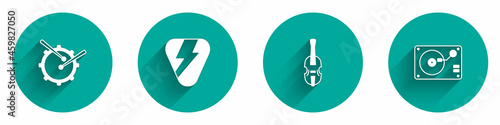 Set Drum with drum sticks, Guitar pick, Violin and Vinyl player vinyl disk icon with long shadow. Vector
