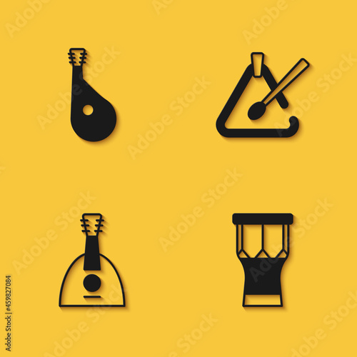 Set Bandura, African percussion drum, Balalaika and Triangle musical instrument icon with long shadow. Vector