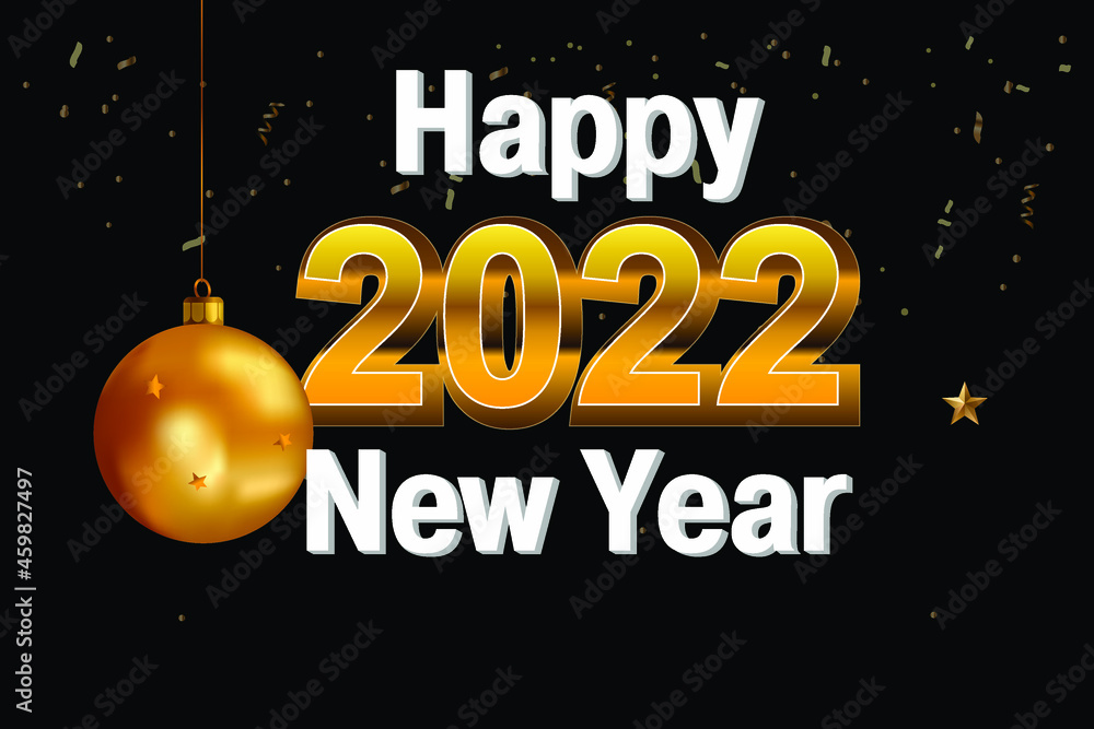 Happy New Year! 2022. Volumetric gold numbers on a black festive background. New year concept banner. Christmas vector illustration