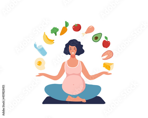 Healthy eating concept during pregnancy. A pregnant woman leads a healthy lifestyle and chooses healthy food. Flat cartoon vector illustration.