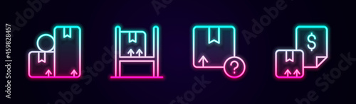 Set line Carton cardboard box, Warehouse interior with boxes, and Waybill. Glowing neon icon. Vector