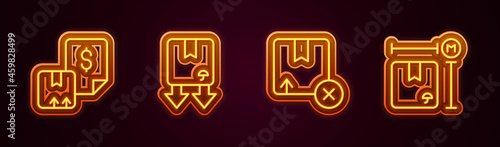 Set line Waybill, Cardboard box with traffic symbol, Carton cardboard and measurement. Glowing neon icon. Vector
