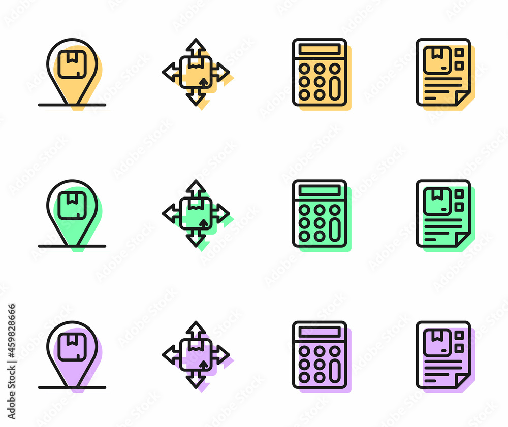 Set line Calculator, Location with cardboard box, Carton and Waybill icon. Vector Set line Calculator, Location with cardboard box, Carton and Waybill icon. Vector