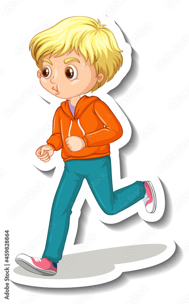 Cartoon character sticker with a boy jogging on white background Cartoon character sticker with a boy jogging on white background