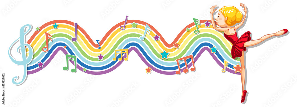 Fototapeta premium Ballerina with melody symbols on rainbow wave