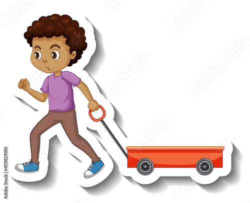 A boy pulling red wagon on white background
