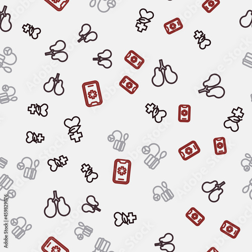 Set line Ethnoscience, Lungs, Blood pressure and Emergency call 911 on seamless pattern. Vector