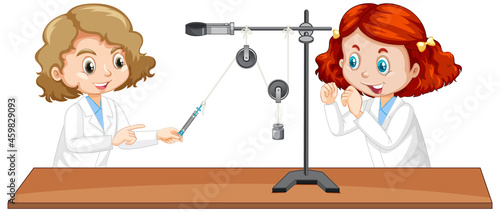 Girl students experiment on force and motion with pulley