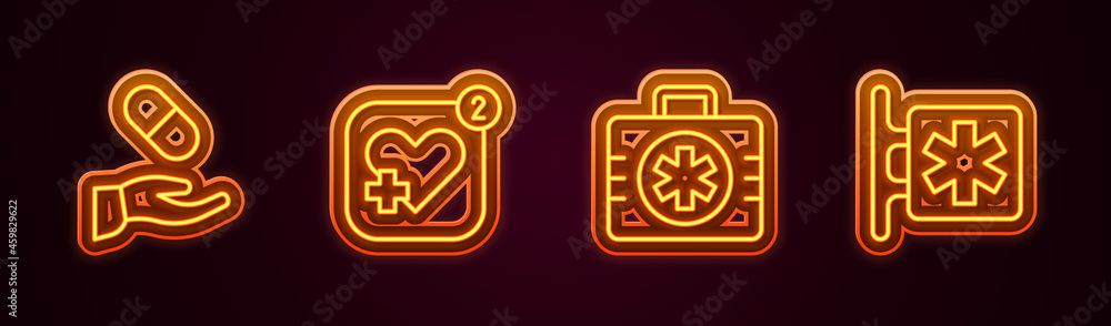 Set line Medical prescription, Mobile with heart rate, First aid kit and Emergency - Star of Life. Glowing neon icon. Vector Set line Medical prescription, Mobile with heart rate, First aid kit and Emergency - Star of Life. Glowing neon icon. Vector