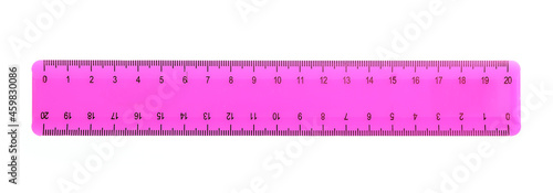 Plastic pink school ruler isolated on white background