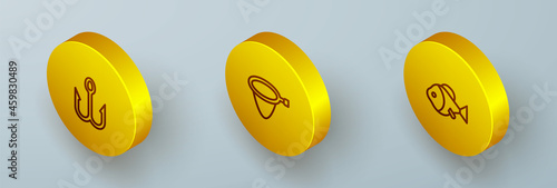 Set Isometric line Fishing hook, net and icon. Vector