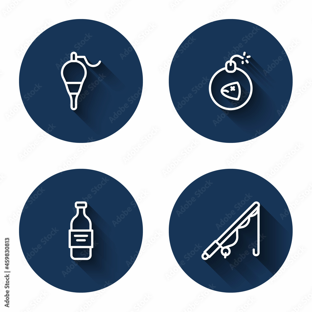 Set line Fishing float, Bomb, Bottle of vodka and rod with long shadow. Blue circle button. Vector Set line Fishing float, Bomb, Bottle of vodka and rod with long shadow. Blue circle button. Vector