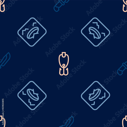 Set line Knife, Winter fishing and Fishing lure on seamless pattern. Vector © Iryna