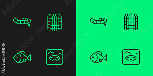 Set line Winter fishing, Fish, Inflatable boat with motor and Fishing net pattern icon. Vector
