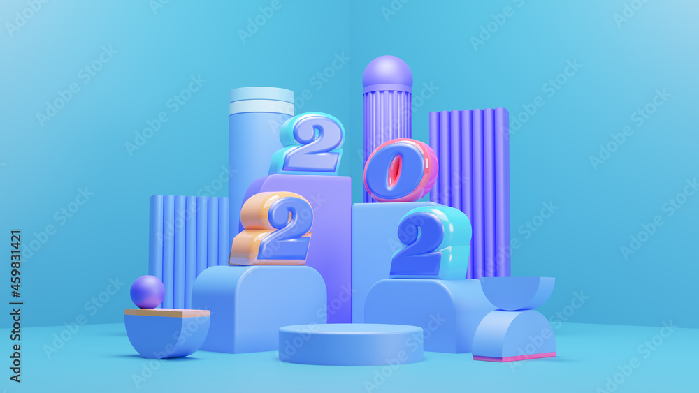Happy New Year 2022 with 3d numbers on colorful, display products of Happy New Year celebration, podium abstract for product presentation with copy space, 3d rendering. Happy New Year 2022 with 3d numbers on colorful, display products of Happy New Year celebration, podium abstract for product presentation with copy space, 3d rendering.
