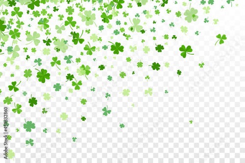 Shamrock or green clover leaves pattern background flat design vector illustration isolated on transparent background. St Patricks Day shamrock symbols decorative elements pattern.