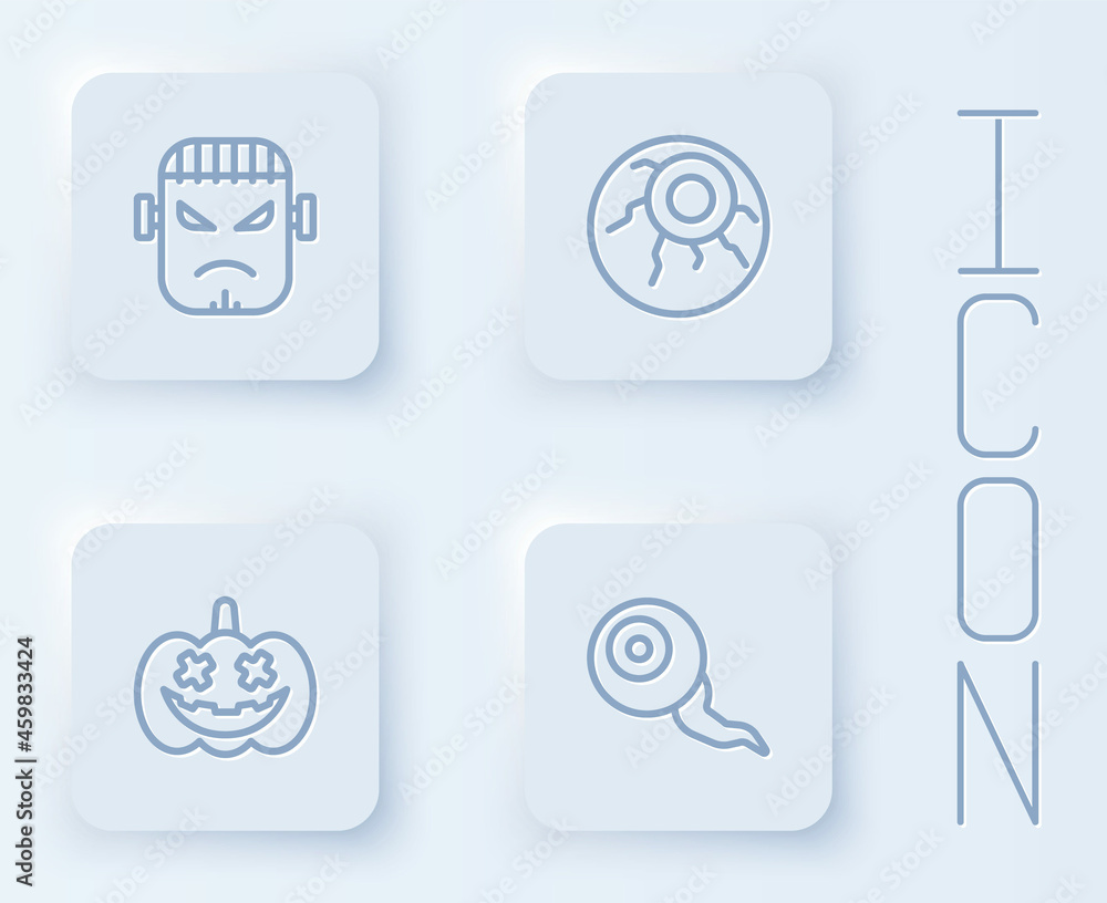 Set line Frankenstein face, Eye, Pumpkin and . White square button. Vector Set line Frankenstein face, Eye, Pumpkin and . White square button. Vector